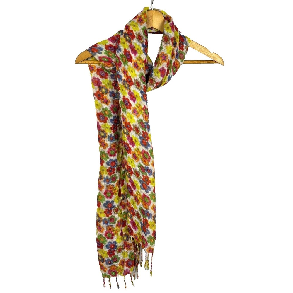 Nine West Rayon Scarf Wrap Floral Fringed 70 X 19" Spring Summer Boho Gauze